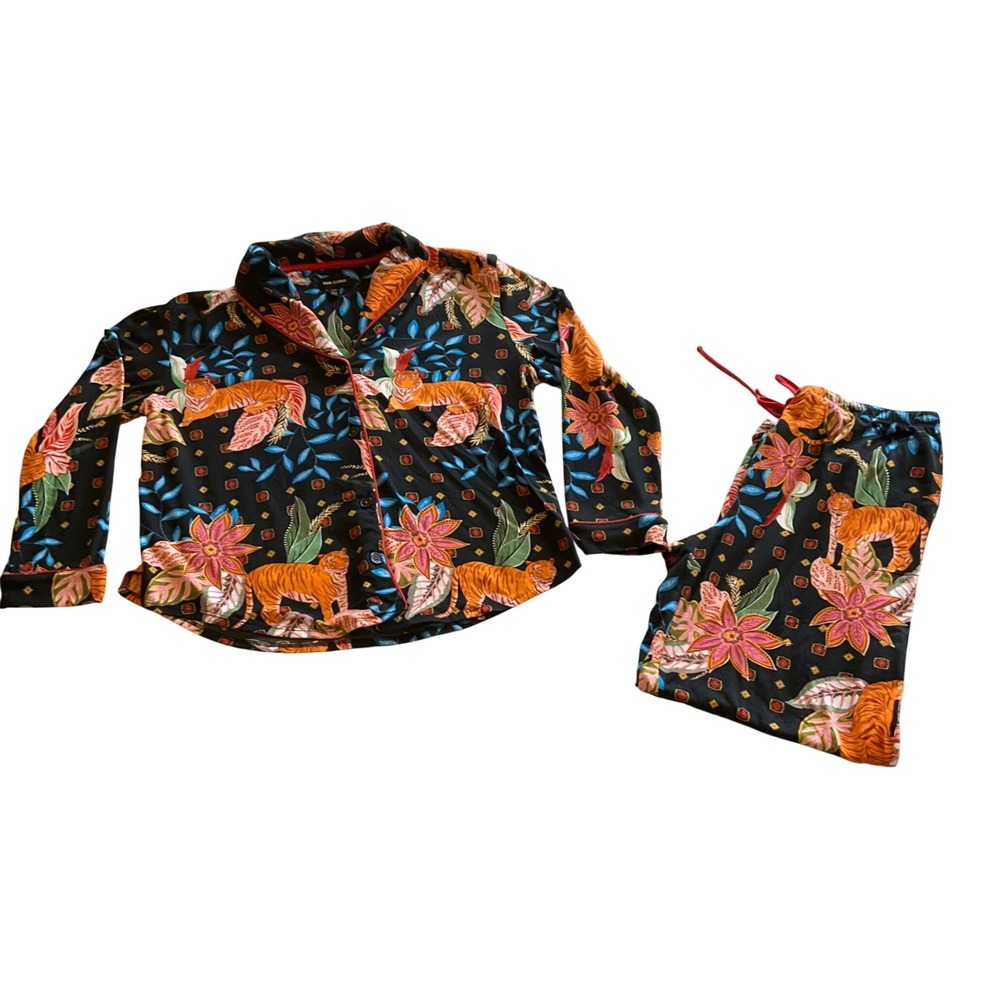 Room Service Pajama Set Women XL Black Tiger Floral Tropical Print Button Up